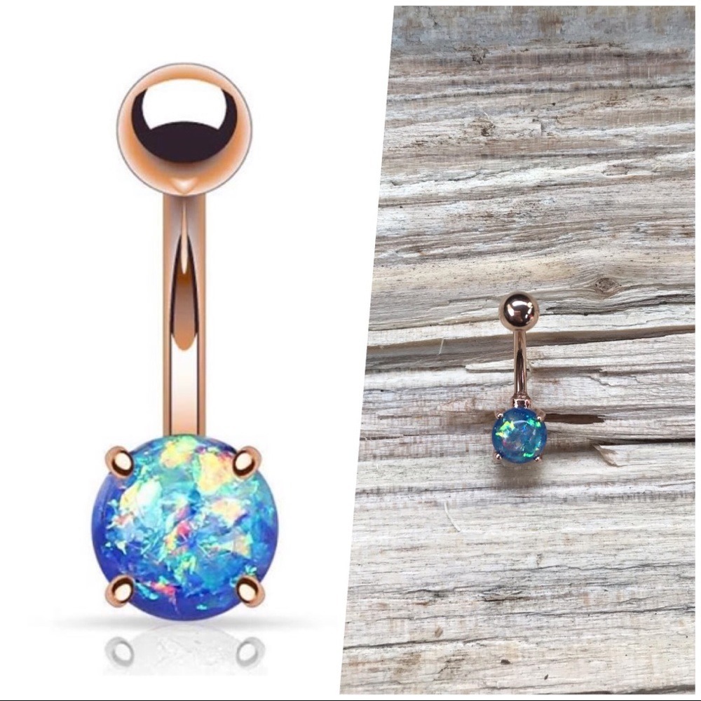 Blue Opal Rose Gold Belly Button Ring‎